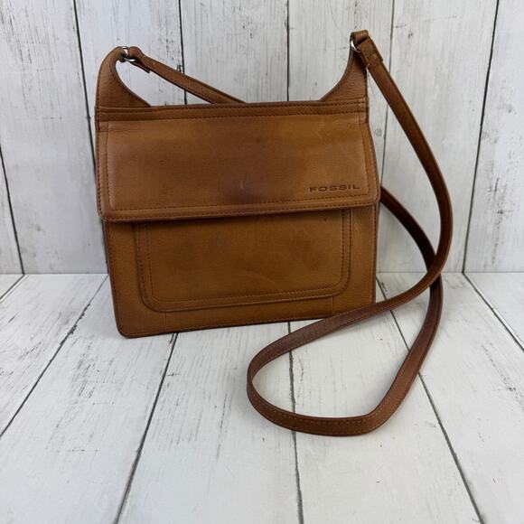 VTG Fossil Brown Camel Leather Double Flap Saddle Crossbody Bag Organizer - Picture 1 of 15